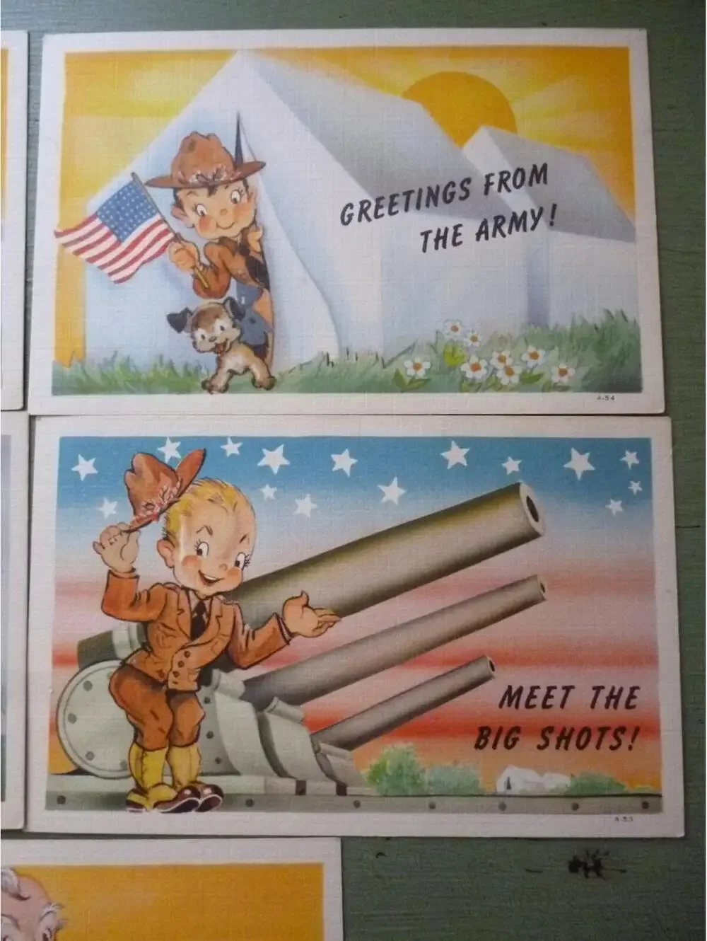 Set of 5 WWII Linen Finish Cute Army Postcards, Unused